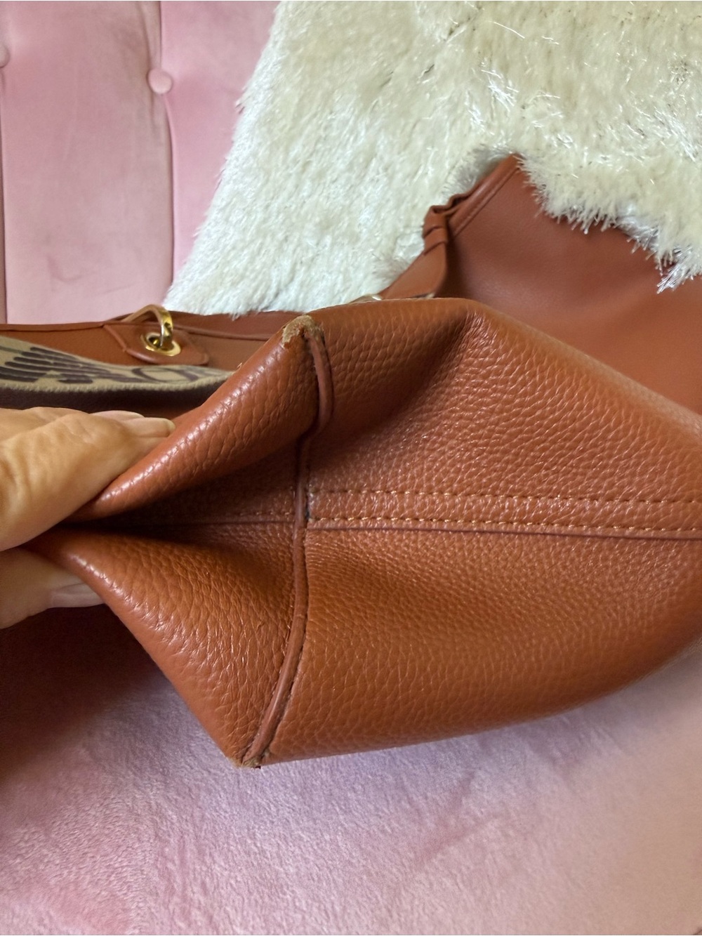 💯Auth! Emporio Armani Saddle Brown Leather Bag Tote Branded Strap Gold Hardware - Picture 11 of 16